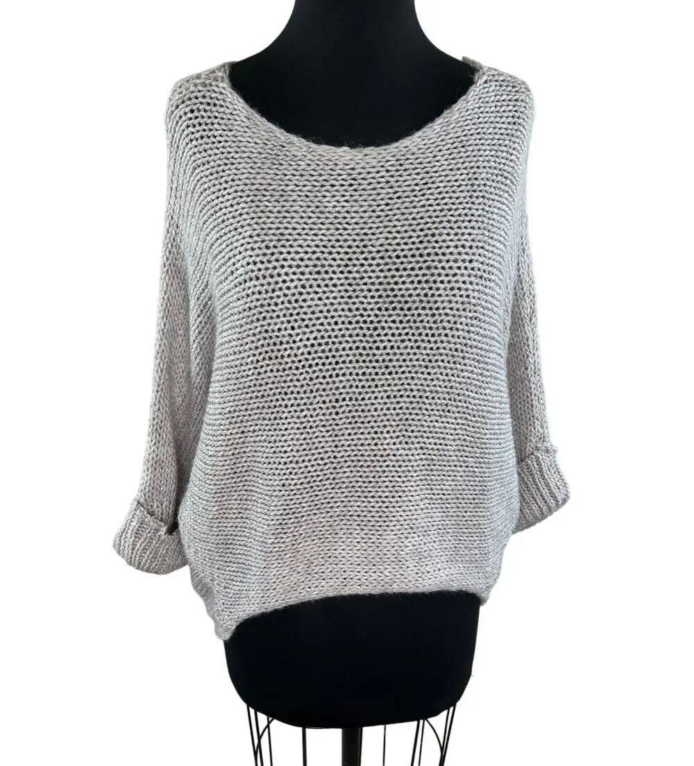 BERRETTI Gray Chunky Knit Relaxed Wool Cuffed Pullover Sweater One Size ITALY